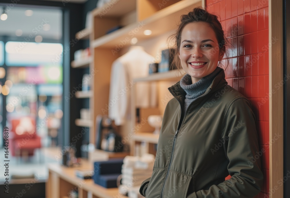 Poster retail manager smiling while supervising store operations in a modern shop