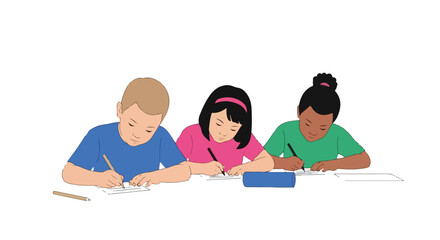 Fototapeta premium Kids writing together at desk in classroom shows education, learning, and collaboration. Kids writing during lesson makes education more engaging for young students.