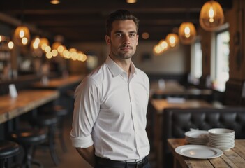 Restaurant food runner standing confidently in a modern dining area