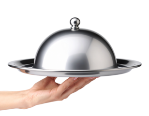 waitress's hand holding tray for hot dishes, photo for design menu restaurant or cafe. Isolated on transparent background, png image.