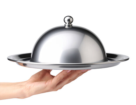 waitress's hand holding tray for hot dishes, photo for design menu restaurant or cafe. Isolated on transparent background, png image.