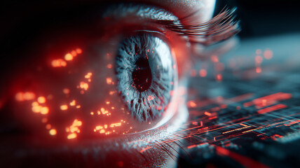Macro human eye lit by red digital particles and interface lines.
Represents vigilant cybersecurity monitoring where attention intelligence and data converge to detect threats.