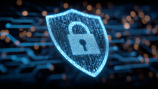 Radiant shield with padlock hovering over circuits, visualizing protection by design, compliance, and confidence in secure infrastructure.
