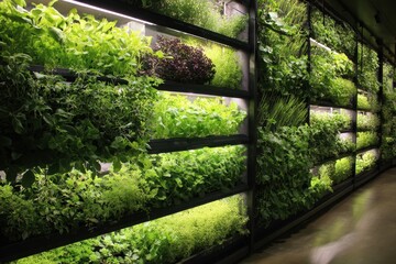 Vertical farming wall with integrated solar light system.