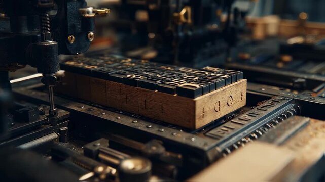 Closeup medium shot of an old wooden type block being scanned for digitization in a heritage typeface studio with outoffocus cameras and monitors framing the scene.