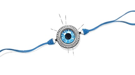 Fototapeta premium Dramatic cinematic style hand-drawn sketch of a Rakshabandhan Evil Eye Rakhi with vibrant blue threads, rough lines, textured pencil strokes, white background, film-like composition and lighting 