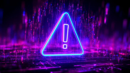 Neon exclamation triangle suspended in a rain of code and light on a synthetic grid environment. Communicates cyber risk, system warnings
