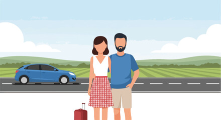 Family trip planning with couple near car on road. Family vacation includes couple standing by highway with luggage. Happy family trip concept for travel agencies and tourism brochures.