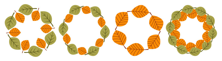 Four circular wreaths made of autumn leaves on a white background. The leaves are in shades of green and orange, creating a seasonal decoration