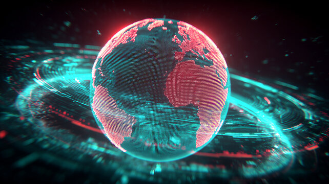Holographic Earth built from luminous points with sweeping circular streams.
Represents worldwide data exchange resilient networks and cross border collaboration.