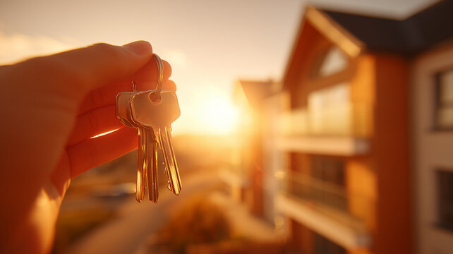 Keys held up in front of modern apartments, symbolizing rental approval, property management, and urban housing opportunities.
