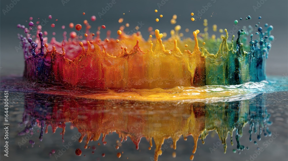 Poster colorful liquid droplets exploding, making splashes in a crown shape and reflecting on a wet surface