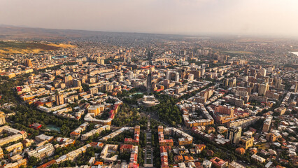 Aerial panoramic view of Yerevan city at sunse