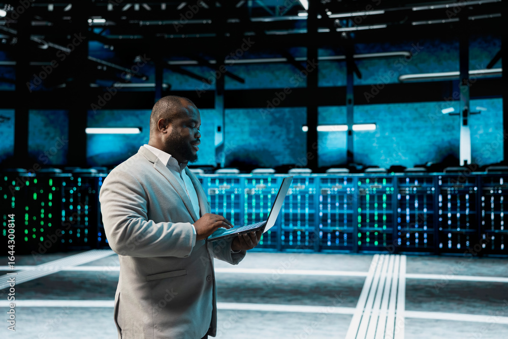 Poster developer in data center updating systems using laptop, protecting mainframes from damaging software