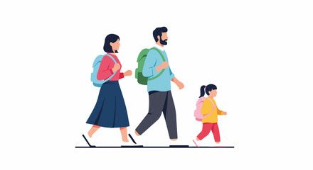 Family walking with backpacks depicted as a side view on white, showing parents and child. Family walking illustrates a common activity and is a representation of togetherness and lifestyle.