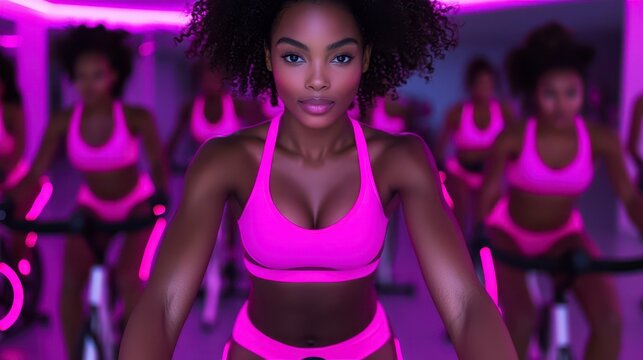 Energetic group cycling session with a focus on a confident woman in vibrant pink athletic wear, illuminated by neon lights