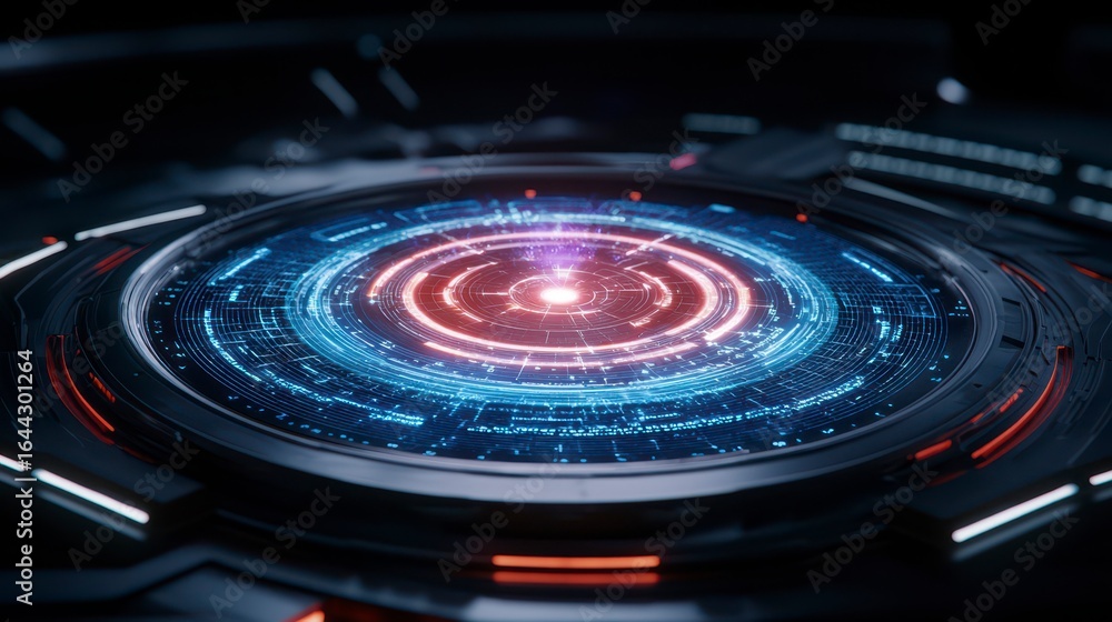 Poster futuristic data interface with glowing circular patterns and intricate details inside a high-tech en