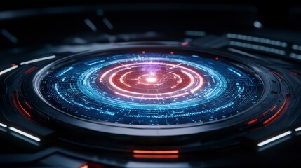 Futuristic data interface with glowing circular patterns and intricate details inside a high-tech environment