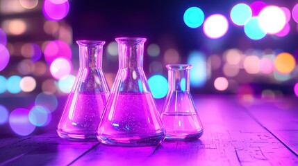 Colorful glass flasks on a wooden table illuminated by vibrant bokeh lights, showcasing a scientific theme of creativity and experimentation.