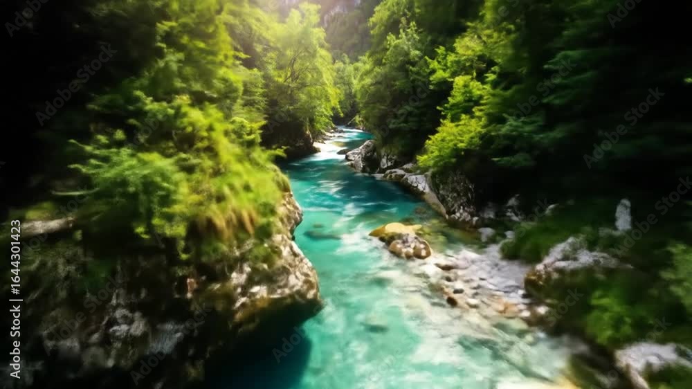 Aufkleber turquoise river flowing through lush green forest with sunlight filtering through trees creates a pi