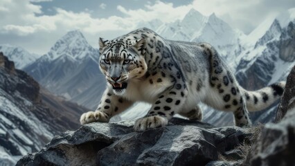 Fototapeta premium Snow leopard on rocky mountain peak