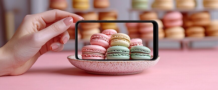 Hand holding phone, taking a picture of colorful macarons on a plate - Powered by Adobe