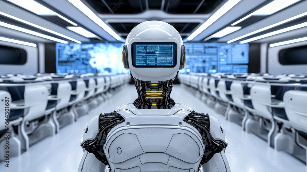Poster futuristic robot stands in a modern tech environment with digital screens and seats, showcasing adva