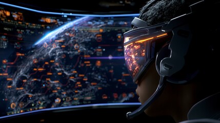 Futuristic astronaut observing a detailed star map and Earth from a high-tech space station console