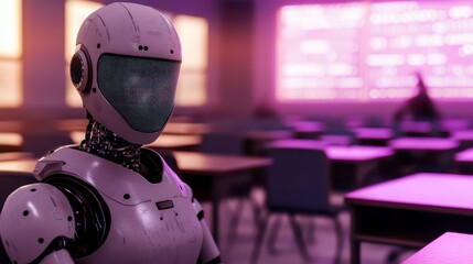 Futuristic robot assistant stands in a modern classroom featuring vibrant neon lights and minimalist design.