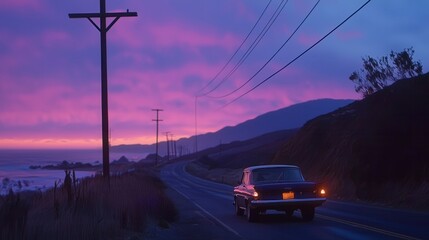 A vintage car driving along a coastal road at sunset, with vibrant sky colors and silhouetted landscape