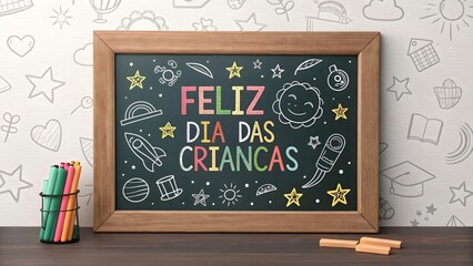 Fototapeta premium Feliz dia das crianças chalkboard with colorful markers and chalk happy kids day art