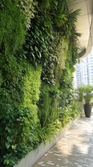 Obraz premium vibrant living wall of greenery, its lush leaves bringing life to urban space, merging architectural with organic in display of urban jungle beauty.