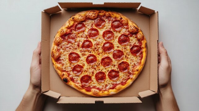 Freshly baked pepperoni pizza in a takeout box held by hands ready for enjoyment