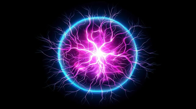 Vibrant electric orb with pulsating energy and glowing tendrils, showcasing dynamic movement against a dark background - Powered by Adobe