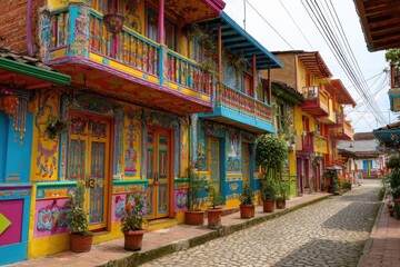 Fototapeta premium Vibrant rainbow-hued houses with ornate balconies and terracotta rooftops line the cobblestone streets of Salento, Quindio, Colombia, showcasing the town's rich cultural heritage.