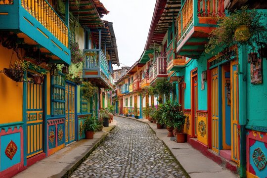 Vibrant rainbow-hued houses with ornate balconies and terracotta rooftops line the cobblestone streets of Salento, Quindio, Colombia, showcasing the town's rich cultural heritage.