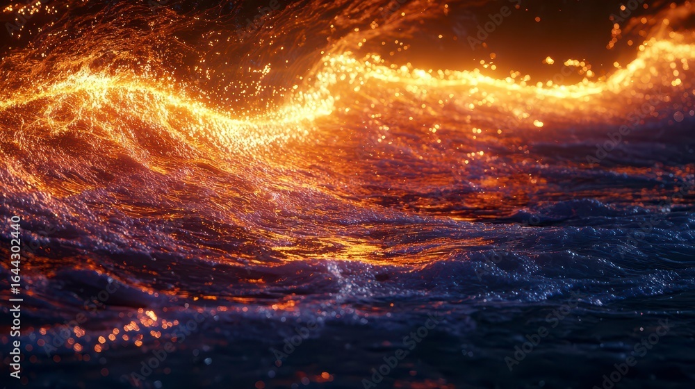 Poster vibrant ocean waves glowing with fiery hues at twilight, creating an enchanting and dynamic seascape