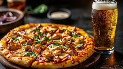 Delicious pizza and cold beer served at a cozy restaurant during the evening