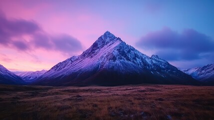 Fototapeta premium Majestic snow-capped mountain peaks under a vibrant twilight sky with soft clouds casting gentle shadows in the foreground