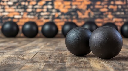 A striking arrangement of black exercise balls set against a textured brick wall backdrop, emphasizing fitness and wellness themes