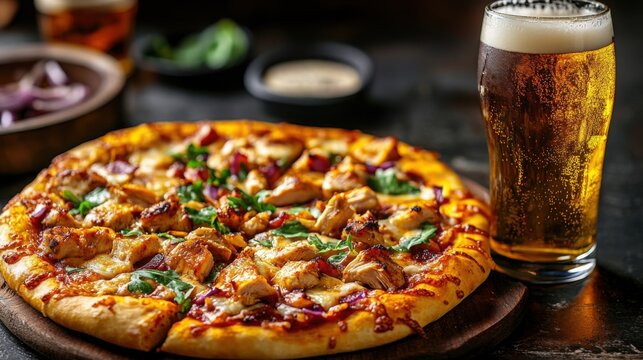 Delicious pizza and cold beer served at a cozy restaurant during the evening