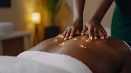 Relaxing acupuncture therapy session in a tranquil spa environment focusing on holistic wellness and stress relief