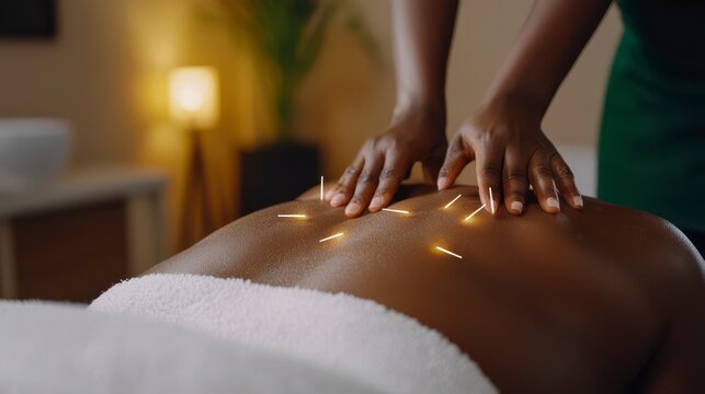 Relaxing acupuncture therapy session in a tranquil spa environment focusing on holistic wellness and stress relief - Powered by Adobe