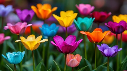 Fototapeta premium Vibrant spring garden filled with colorful tulips in full bloom showcasing a stunning array of hues and shades under bright sunlight