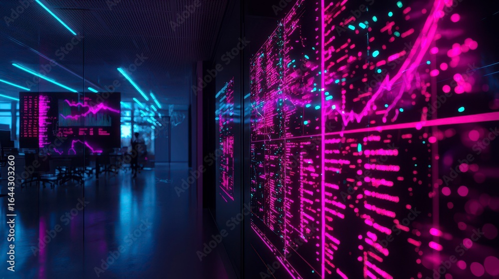 Poster futuristic office space with vibrant data visualization and neon lighting creating a high-tech atmos
