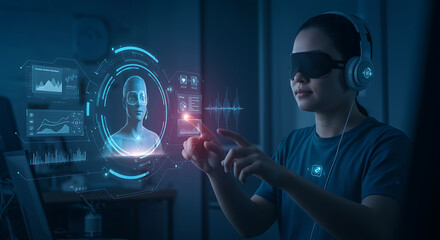 Woman wearing vr headset interacting with virtual reality interface, showcasing futuristic technology, digital innovation, and augmented reality in a modern setting