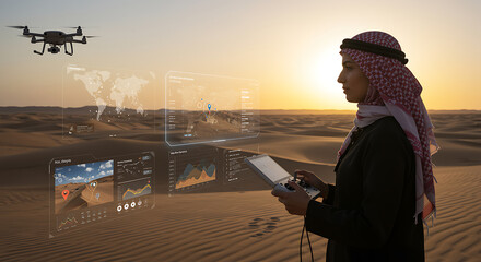 An arab man in the desert controls a drone with a futuristic interface, showcasing technology, innovation, and the integration of digital systems in travel and exploration