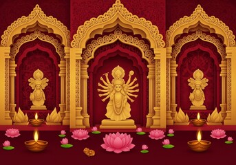 Fototapeta premium A beautiful paper art depiction of a Durga Puja or Navaratri pandal, with the goddess idol, diyas, and festive decorations 