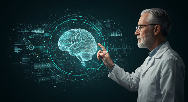 An experienced doctor in a white coat interacts with a digital brain interface, representing advancements in medical technology and neurological research - Powered by Adobe