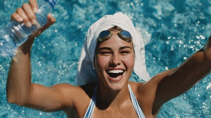 A young swimmer enjoys a lively moment in a refreshing pool, raising a water bottle in delight. The bright blue water reflects a sunny day, enhancing the joyful atmosphere